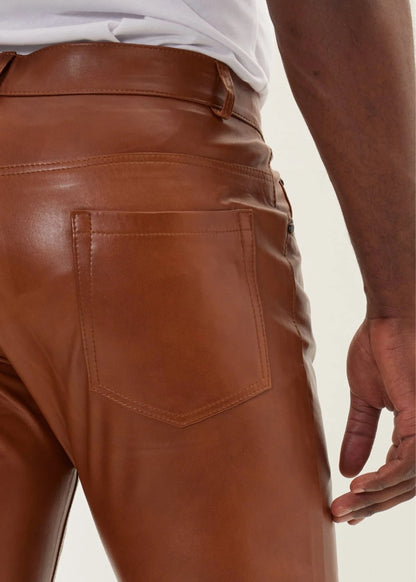 EENACRAFTS men's genuine cognac brown leather slim fit trousers, tailored stitching.
