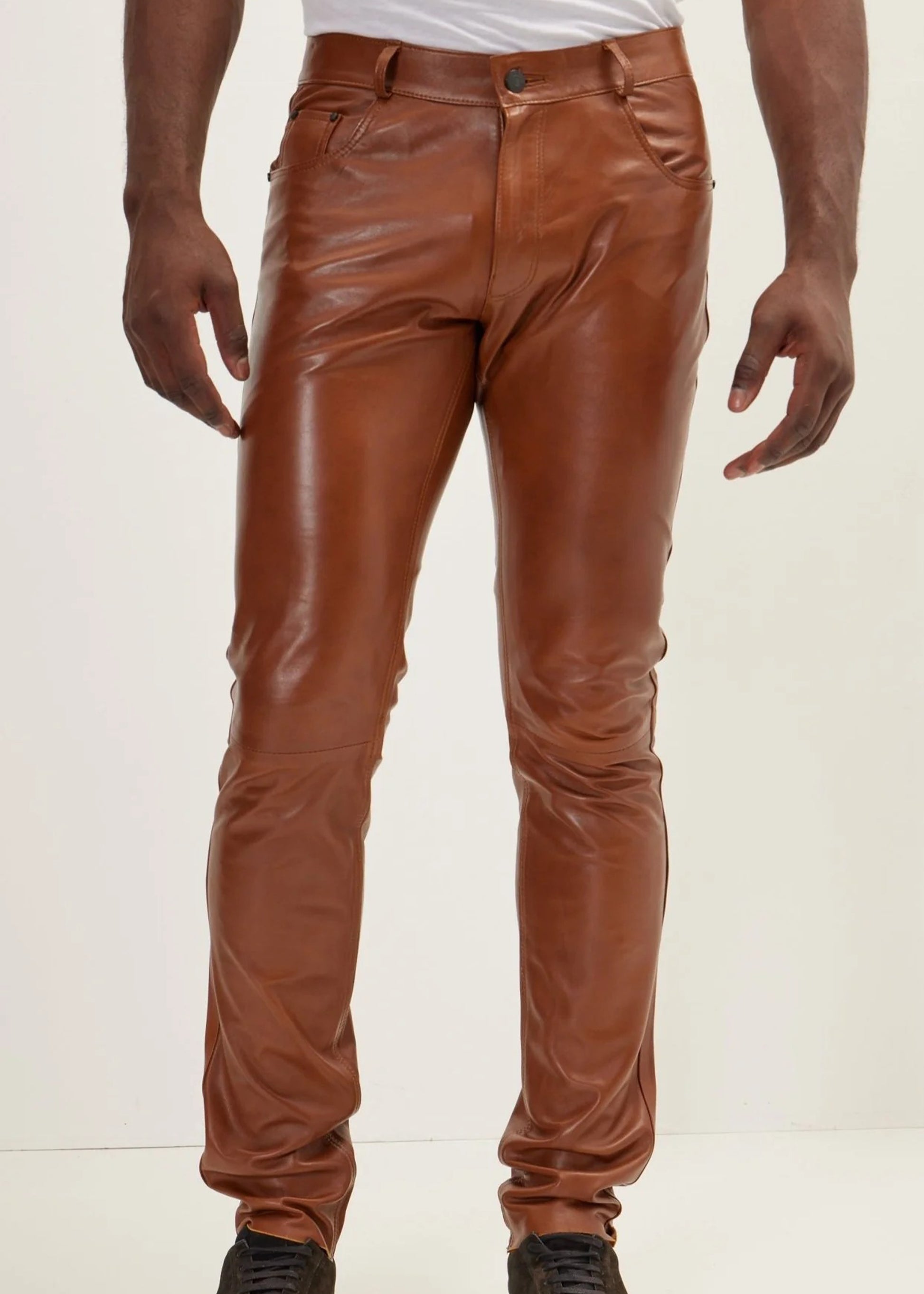 EENACRAFTS men's genuine cognac brown leather slim fit trousers, tailored stitching.