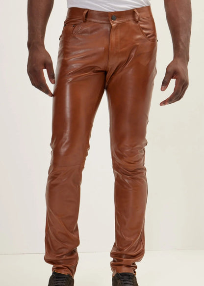 EENACRAFTS men's genuine cognac brown leather slim fit trousers, tailored stitching.