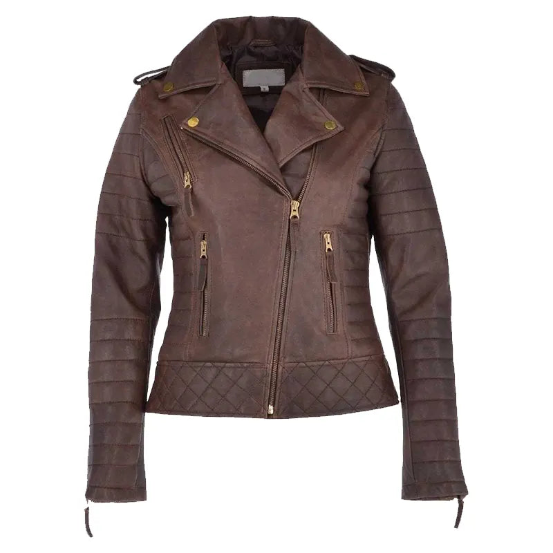 Brown leather jacket with gold buttons on a white background