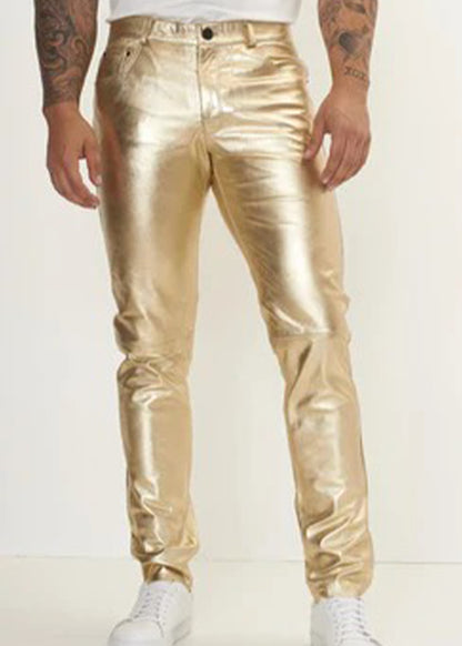 EENACRAFTS men's genuine gold metallic leather slim fit trousers.