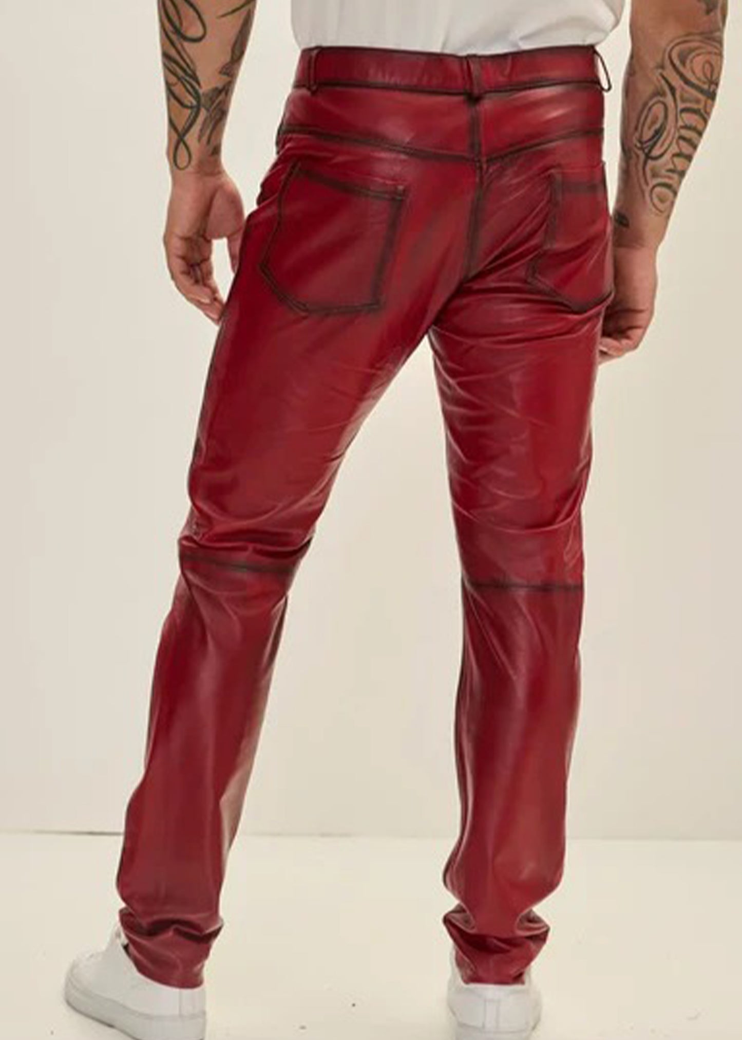 EENACRAFTS men's genuine red leather slim fit trousers, tailored stitching detail.
