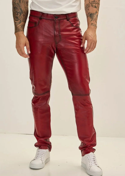 EENACRAFTS men's genuine red leather slim fit trousers, tailored stitching detail.