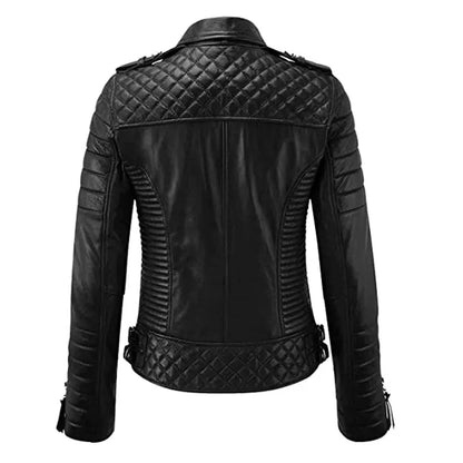 Black leather jacket with quilted design on a white background