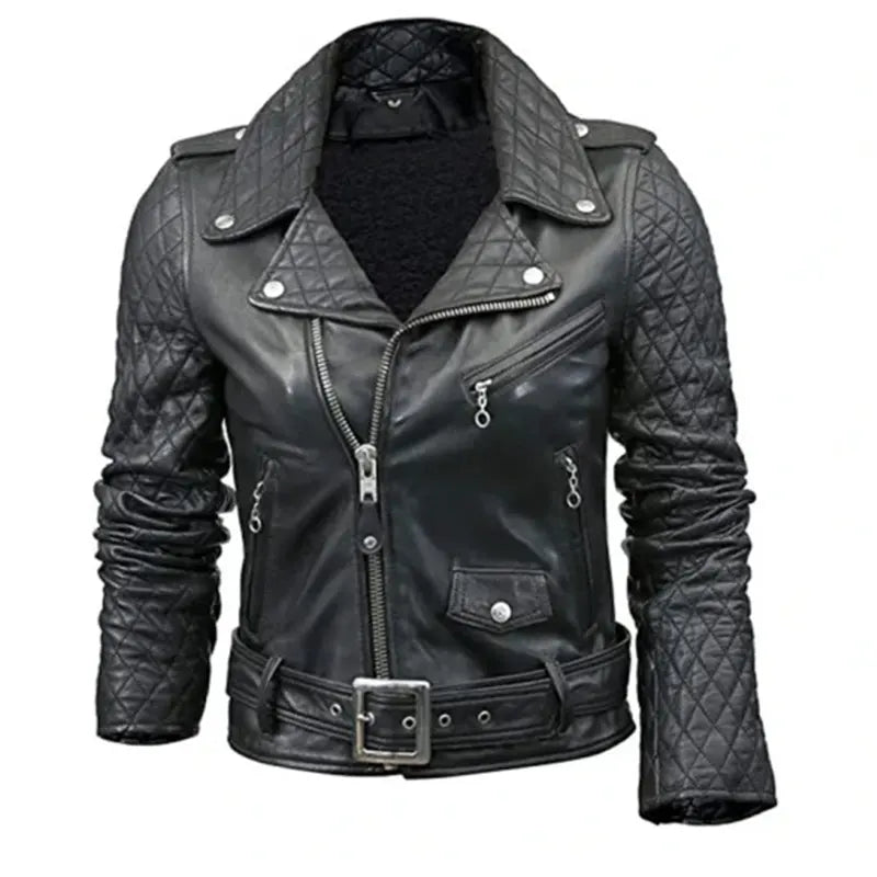 Black leather jacket with quilted design on a white background