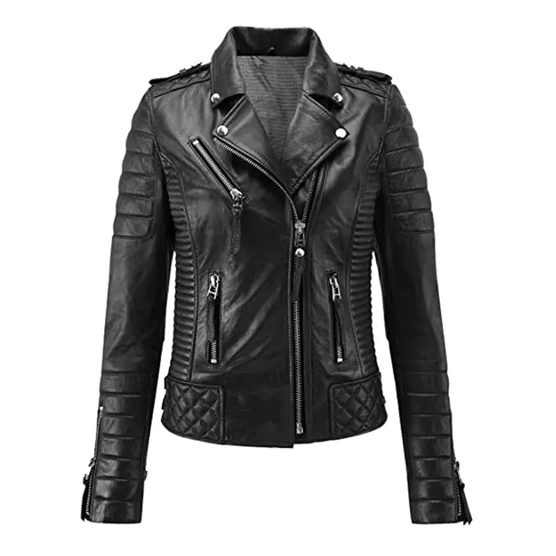 Black leather jacket with quilted design on a white background
