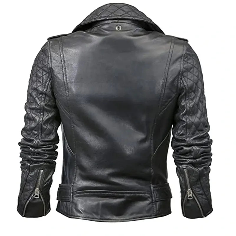 Black leather jacket with quilted design on a white background