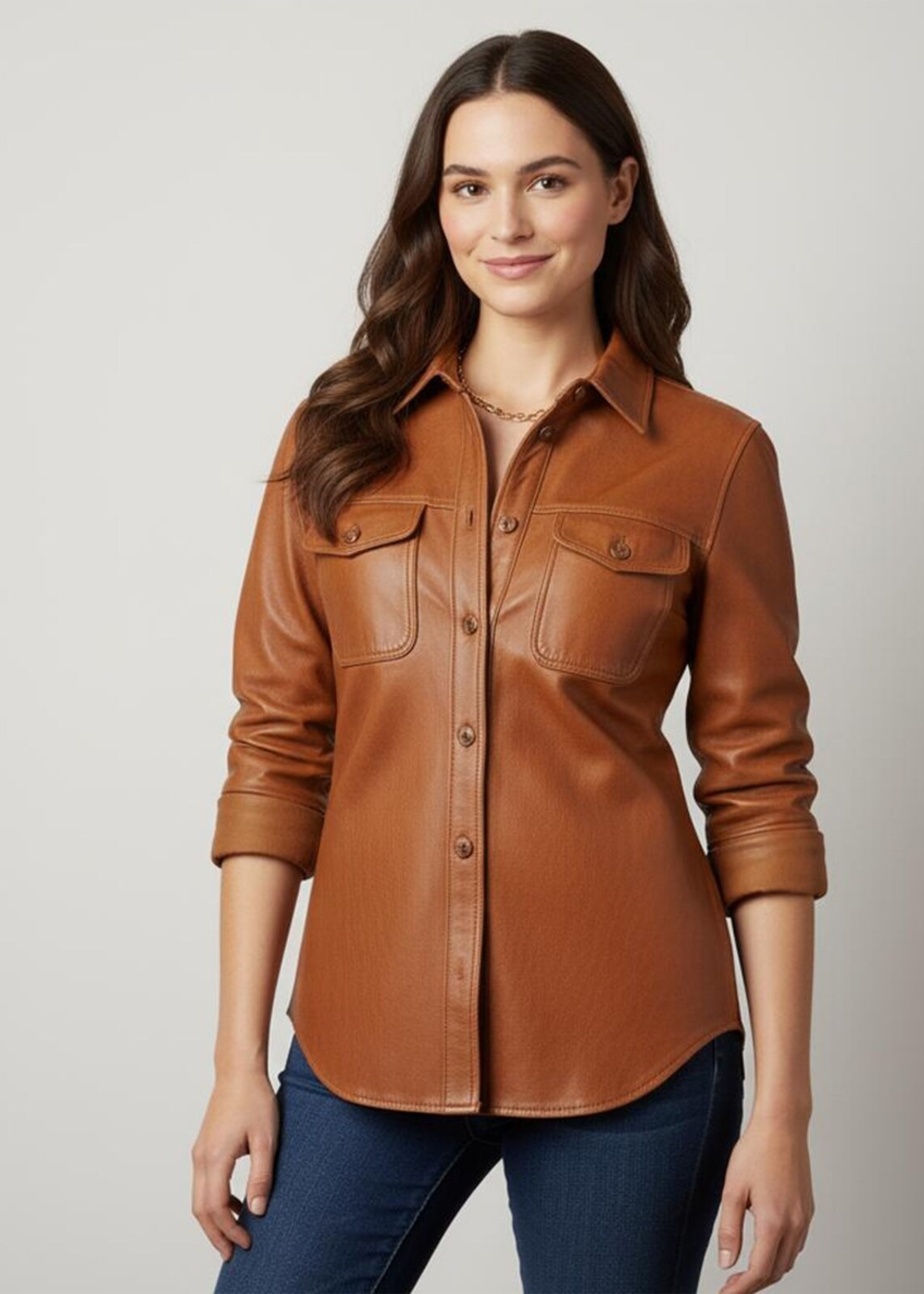 Woman wearing a brown leather shirt against a plain background
