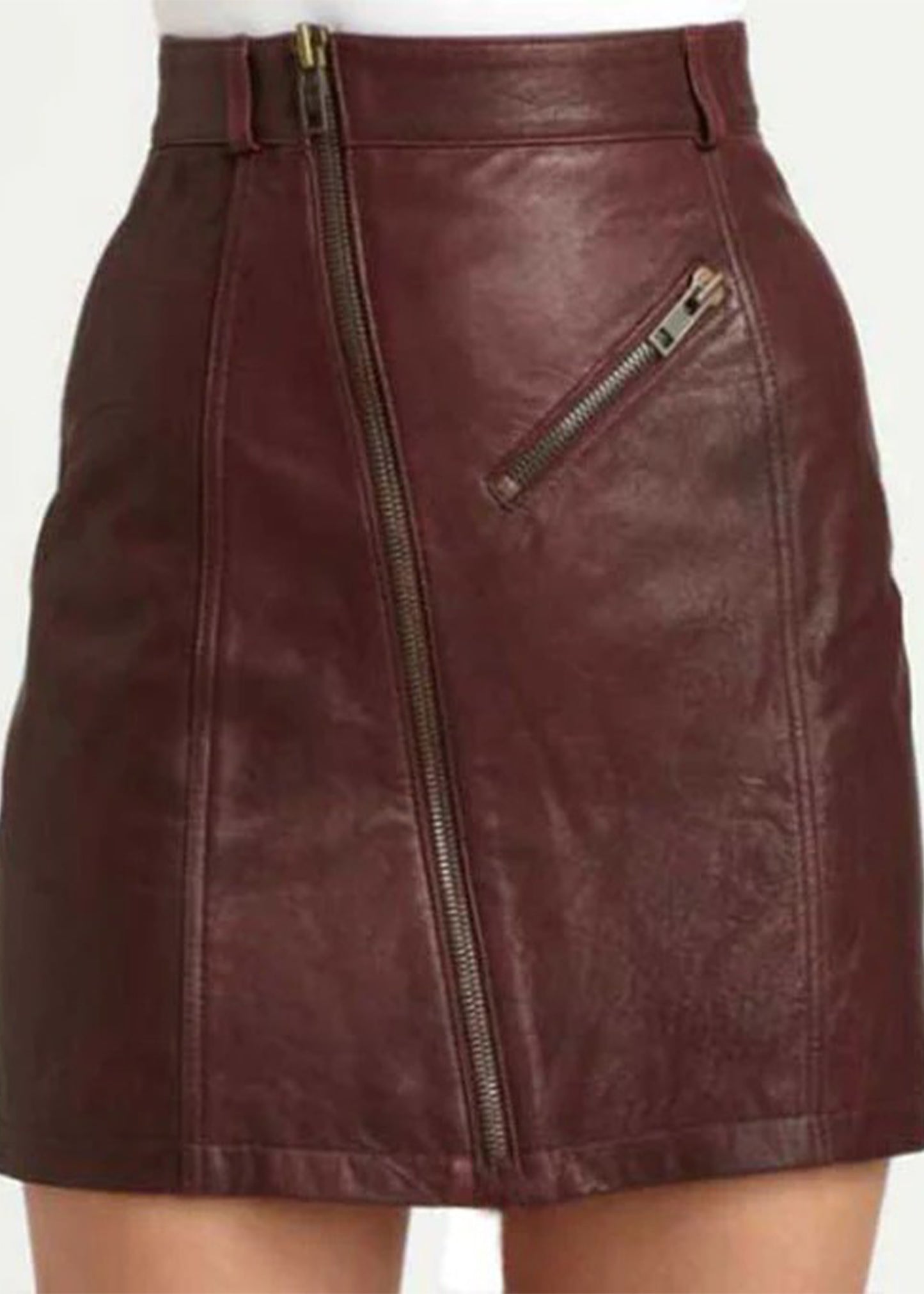 Brown leather skirt with zippers on a white background