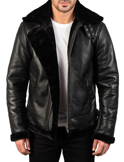 Men’s Black Sheepskin Leather Bomber Jacket with Real Fur Lining – Winter Warmth & Luxury Style