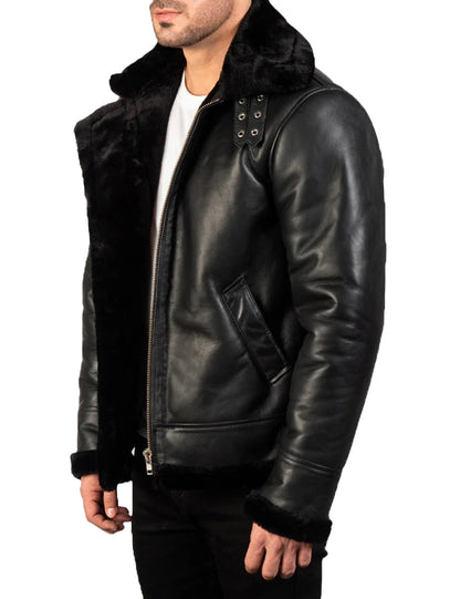 Men’s Black Sheepskin Leather Bomber Jacket with Real Fur Lining – Winter Warmth & Luxury Style