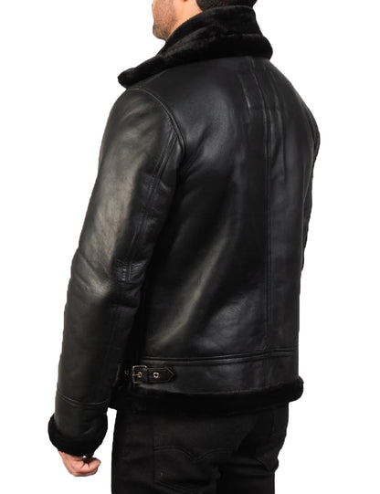 Men’s Black Sheepskin Leather Bomber Jacket with Real Fur Lining – Winter Warmth & Luxury Style