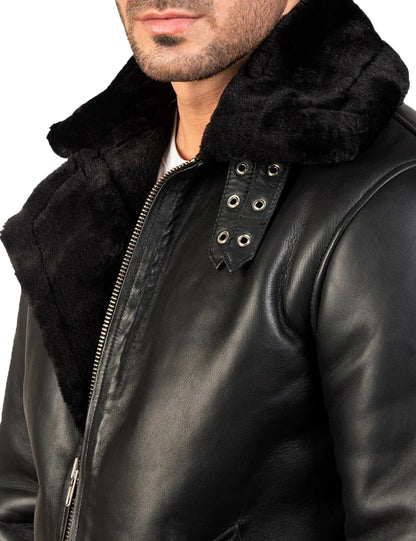 Men’s Black Sheepskin Leather Bomber Jacket with Real Fur Lining – Winter Warmth & Luxury Style