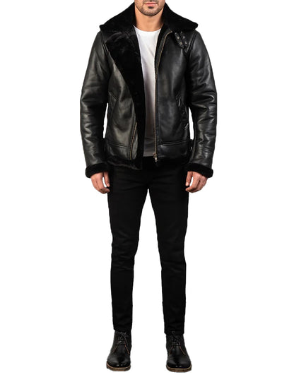 Men’s Black Sheepskin Leather Bomber Jacket with Real Fur Lining – Winter Warmth & Luxury Style