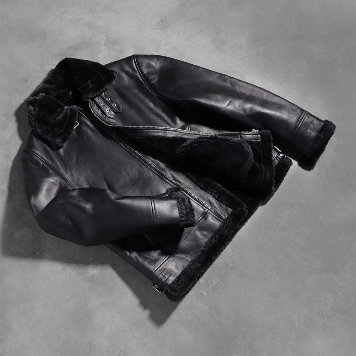 Men’s Black Sheepskin Leather Bomber Jacket with Real Fur Lining – Winter Warmth & Luxury Style