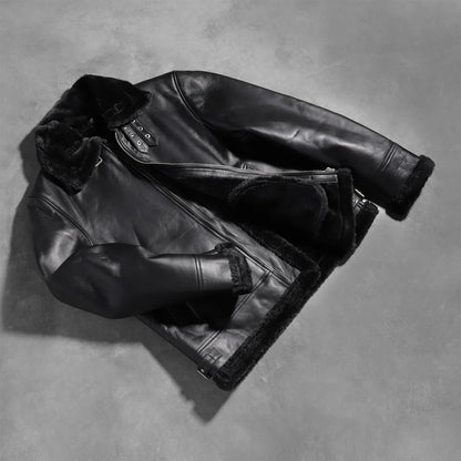 Men’s Black Sheepskin Leather Bomber Jacket with Real Fur Lining – Winter Warmth & Luxury Style