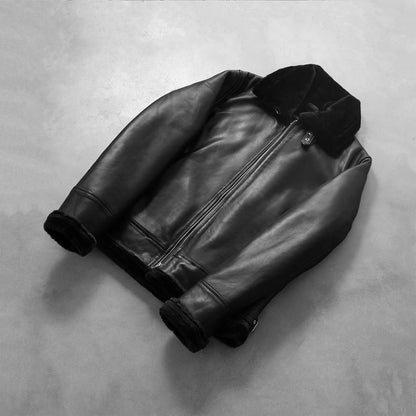 Men’s Black Sheepskin Leather Bomber Jacket with Real Fur Lining – Winter Warmth & Luxury Style