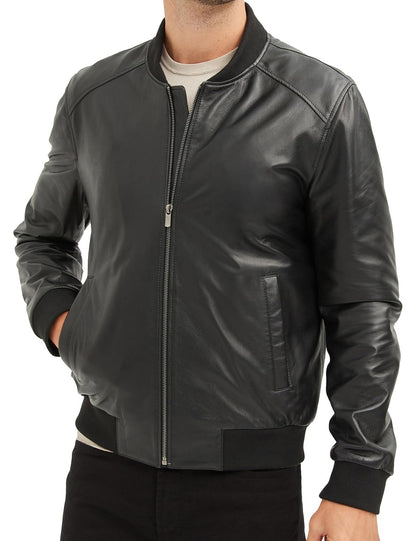 Men’s Black Genuine Lambskin Leather Bomber Jacket with Rib-Knit Collar & Hem