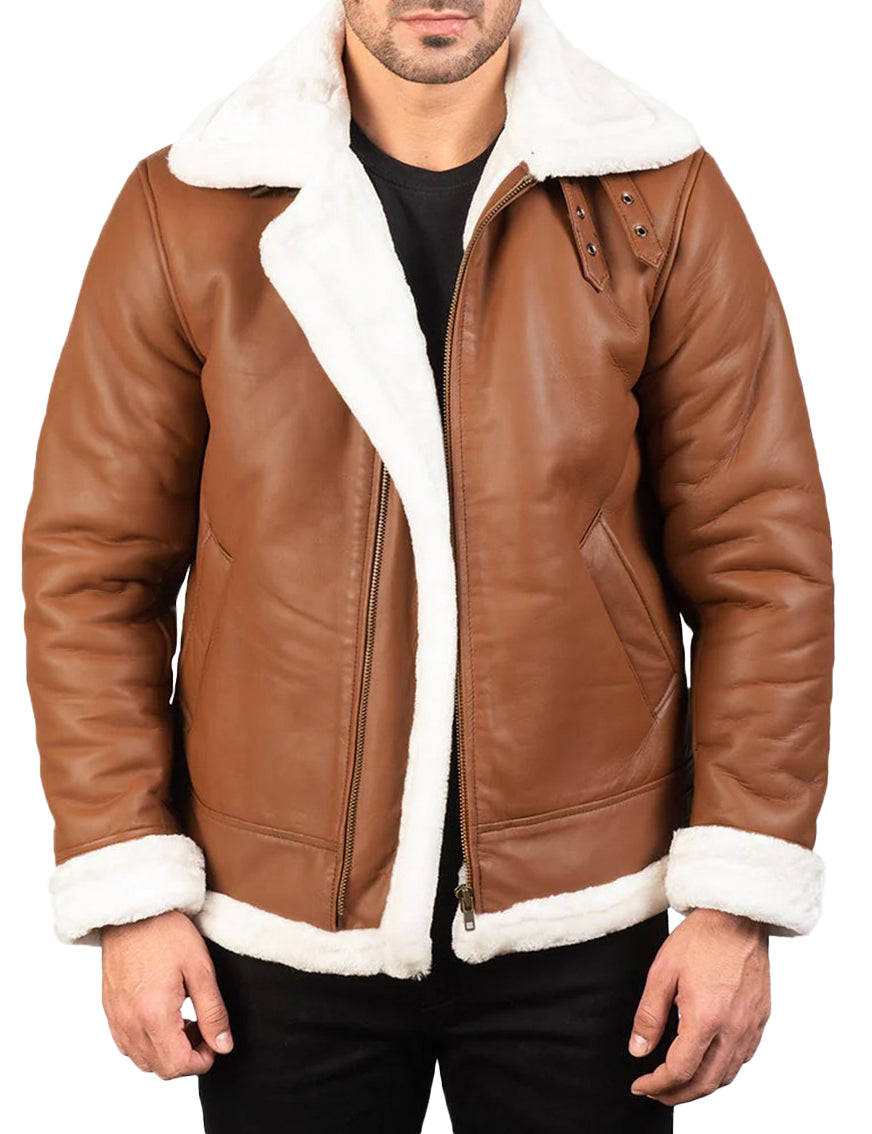 Men’s Brown & White Sheepskin Leather Bomber Jacket with Shearling Fur Lining – Winter Aviator Style