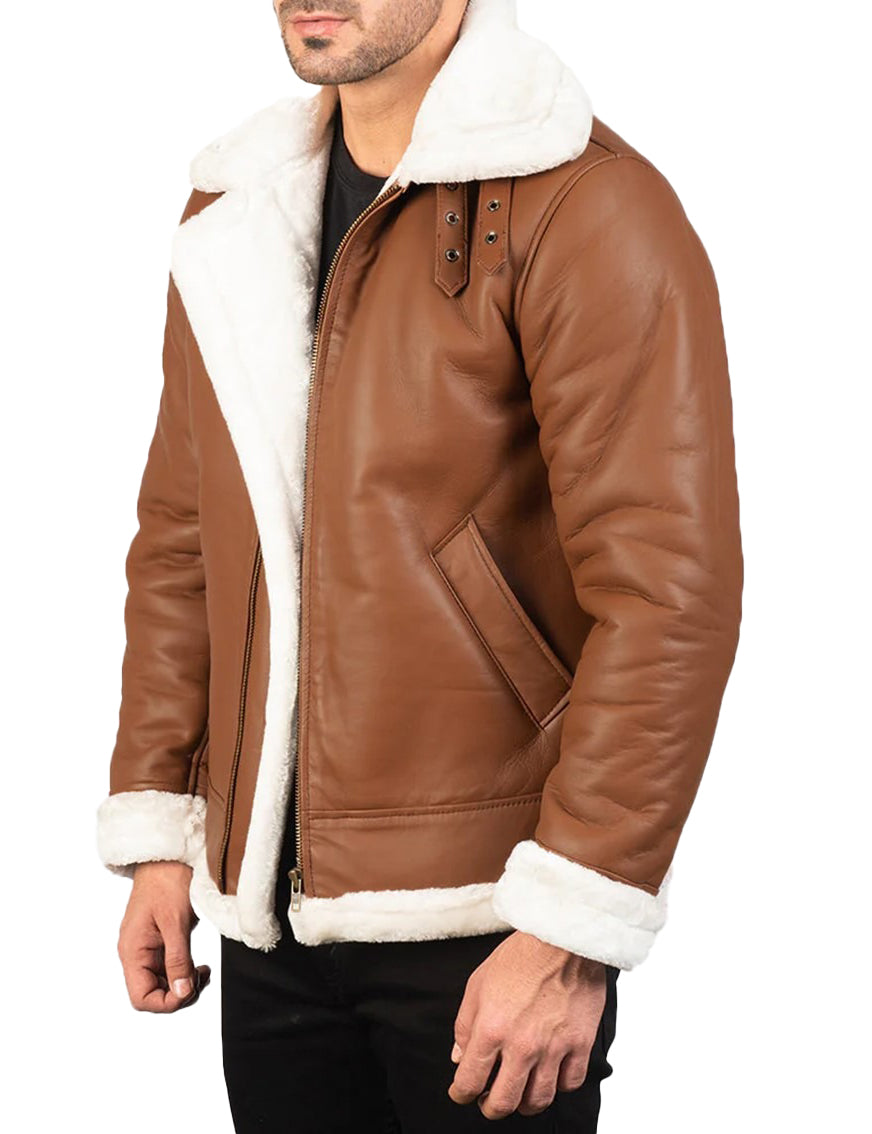 Men’s Brown & White Sheepskin Leather Bomber Jacket with Shearling Fur Lining – Winter Aviator Style