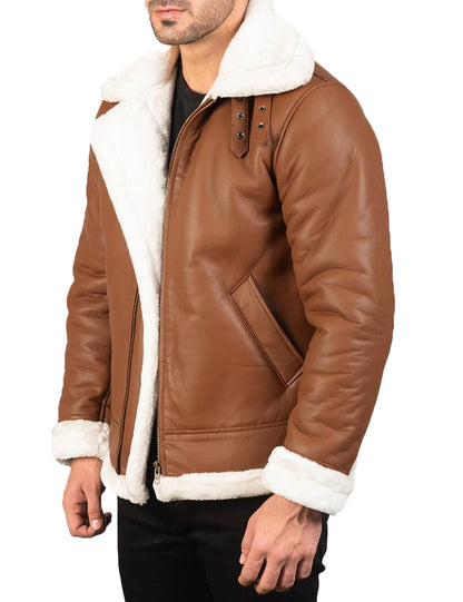Men’s Brown & White Sheepskin Leather Bomber Jacket with Shearling Fur Lining – Winter Aviator Style