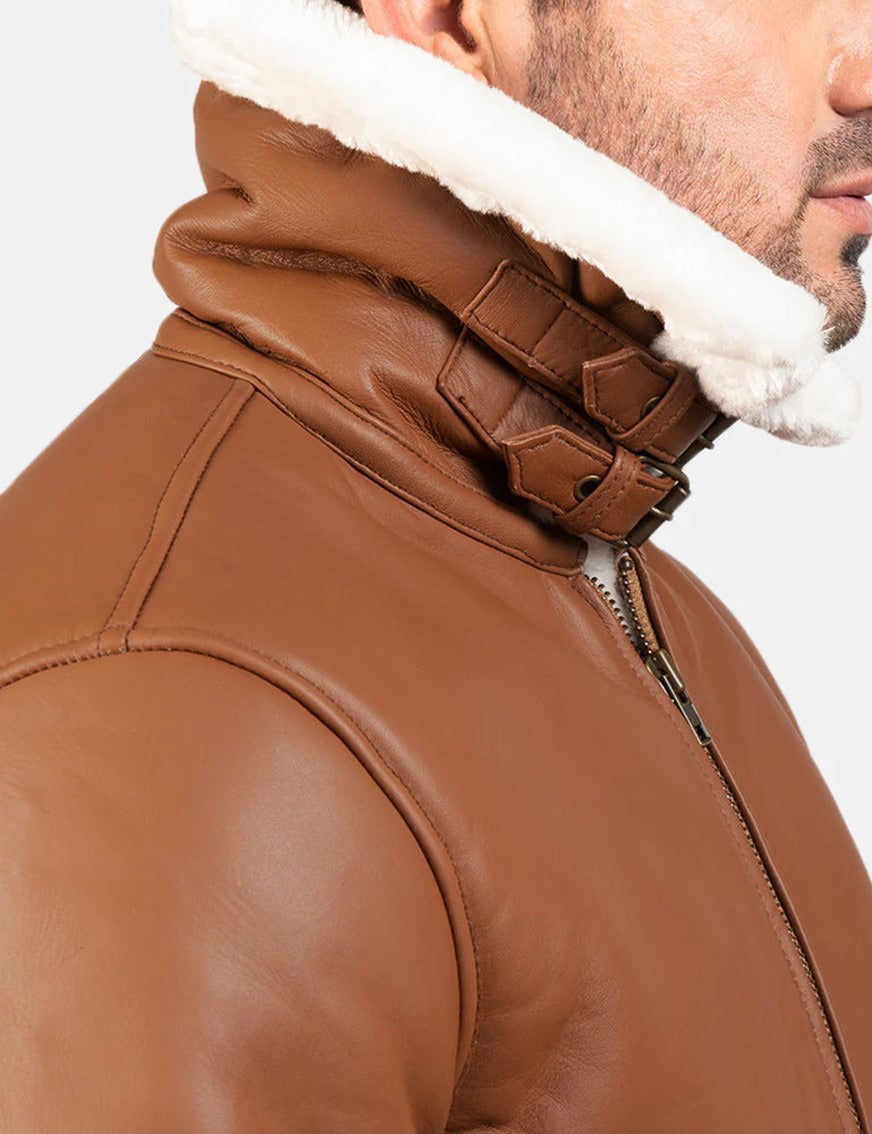 Men’s Brown & White Sheepskin Leather Bomber Jacket with Shearling Fur Lining – Winter Aviator Style