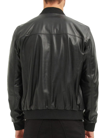 Men’s Black Genuine Lambskin Leather Bomber Jacket with Rib-Knit Collar & Hem
