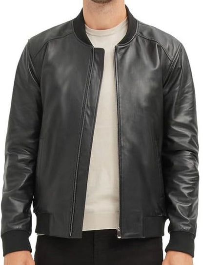 Men’s Black Genuine Lambskin Leather Bomber Jacket with Rib-Knit Collar & Hem