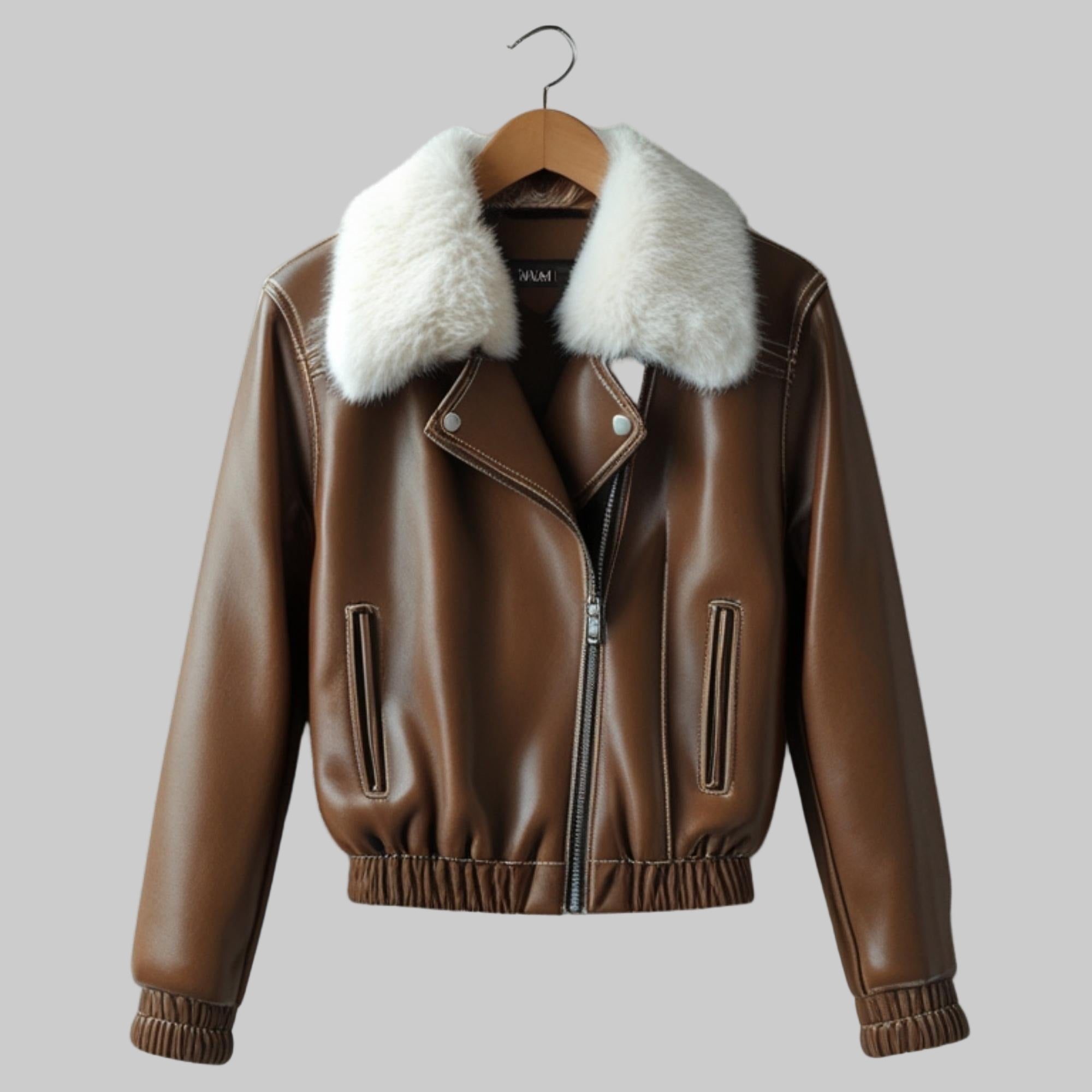 Brown leather jacket with white fur collar on a hanger against a light gray background