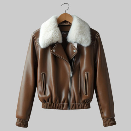 Brown leather jacket with white fur collar on a hanger against a light gray background
