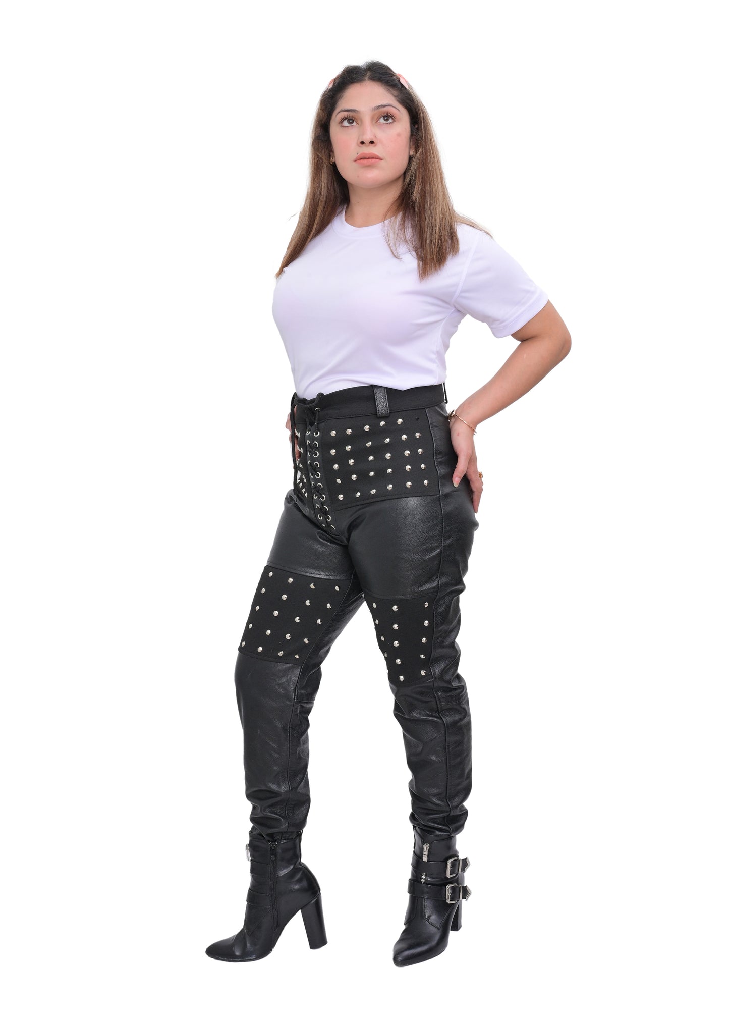 Women's Black Leather Studded Pant For Women