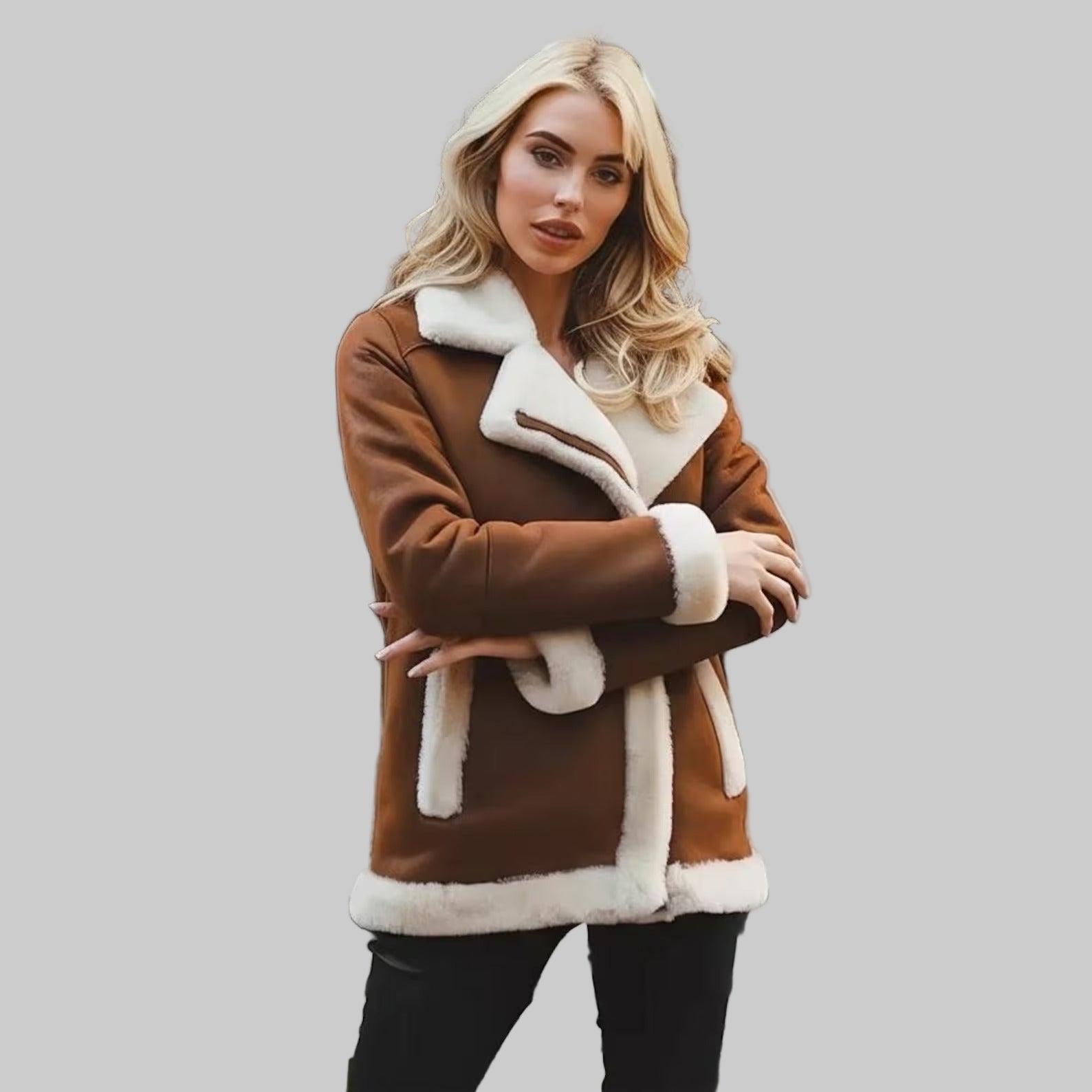 Woman wearing a brown shearling coat standing on a checkered floor with posters on the wall.