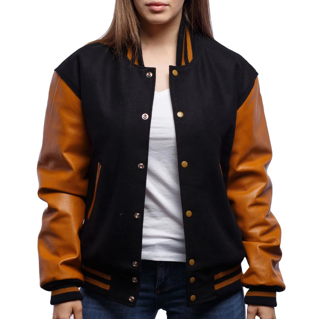Black and brown varsity jacket worn by a person on a white background