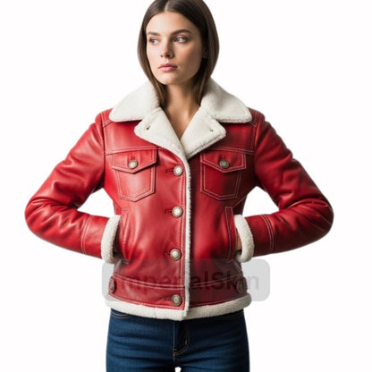 Red leather jacket with white fur lining worn by a model on a white background
