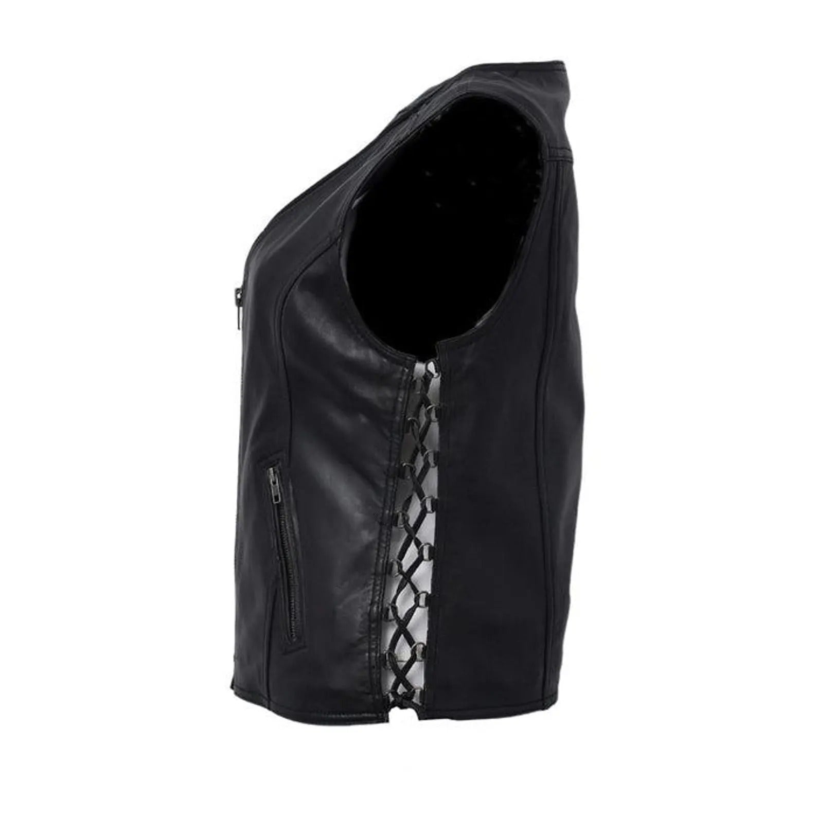 Black leather vest with lace-up front on a white background