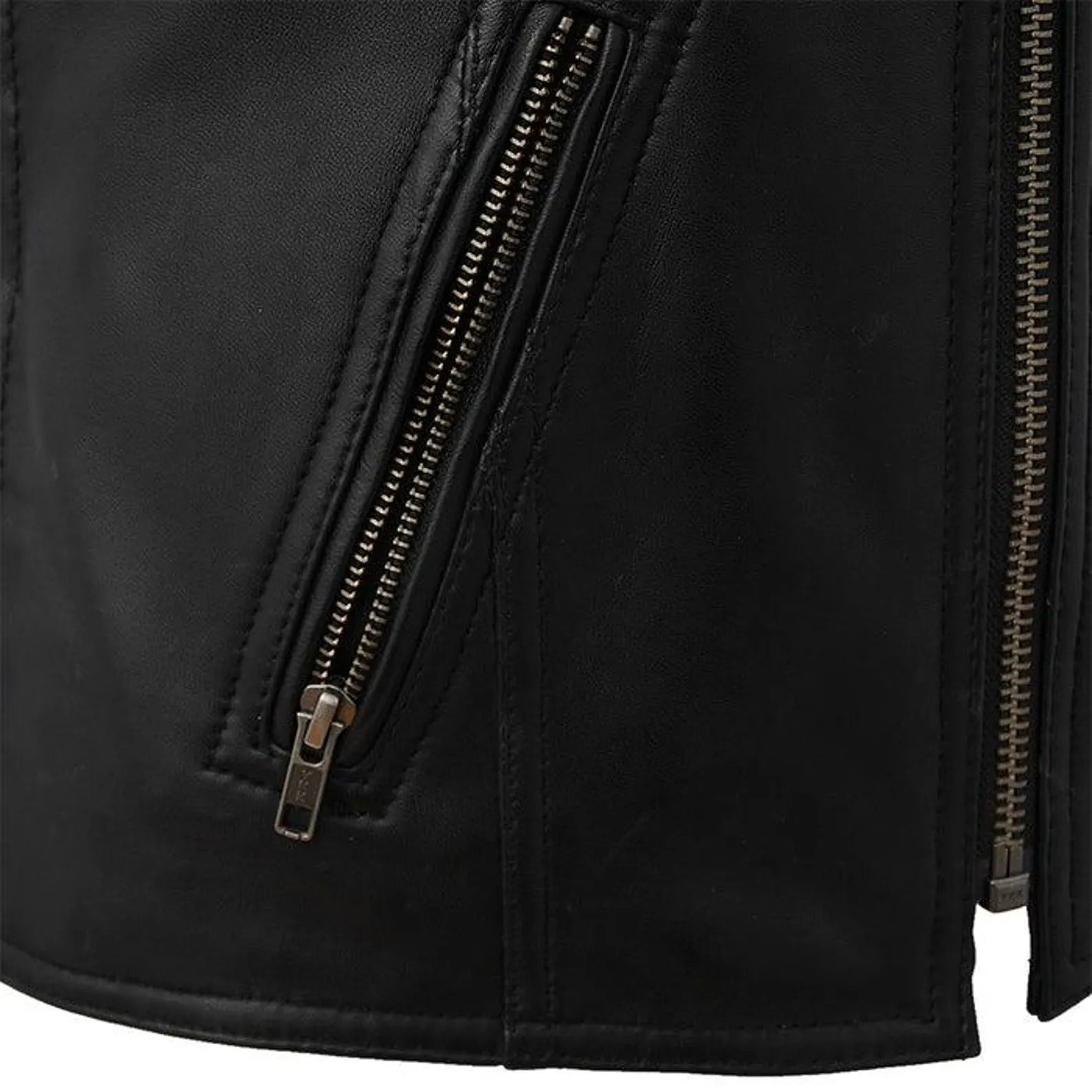 Close-up of a black leather jacket with zipper details on a white background