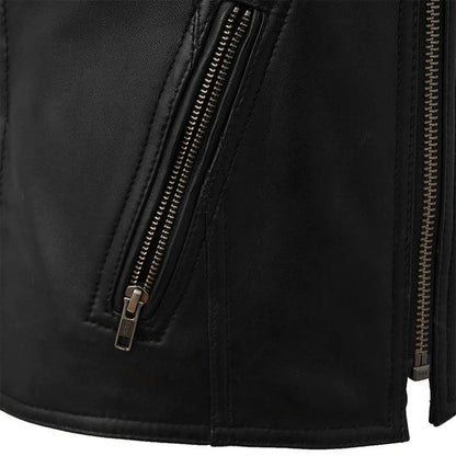 Close-up of a black leather jacket with zipper details on a white background