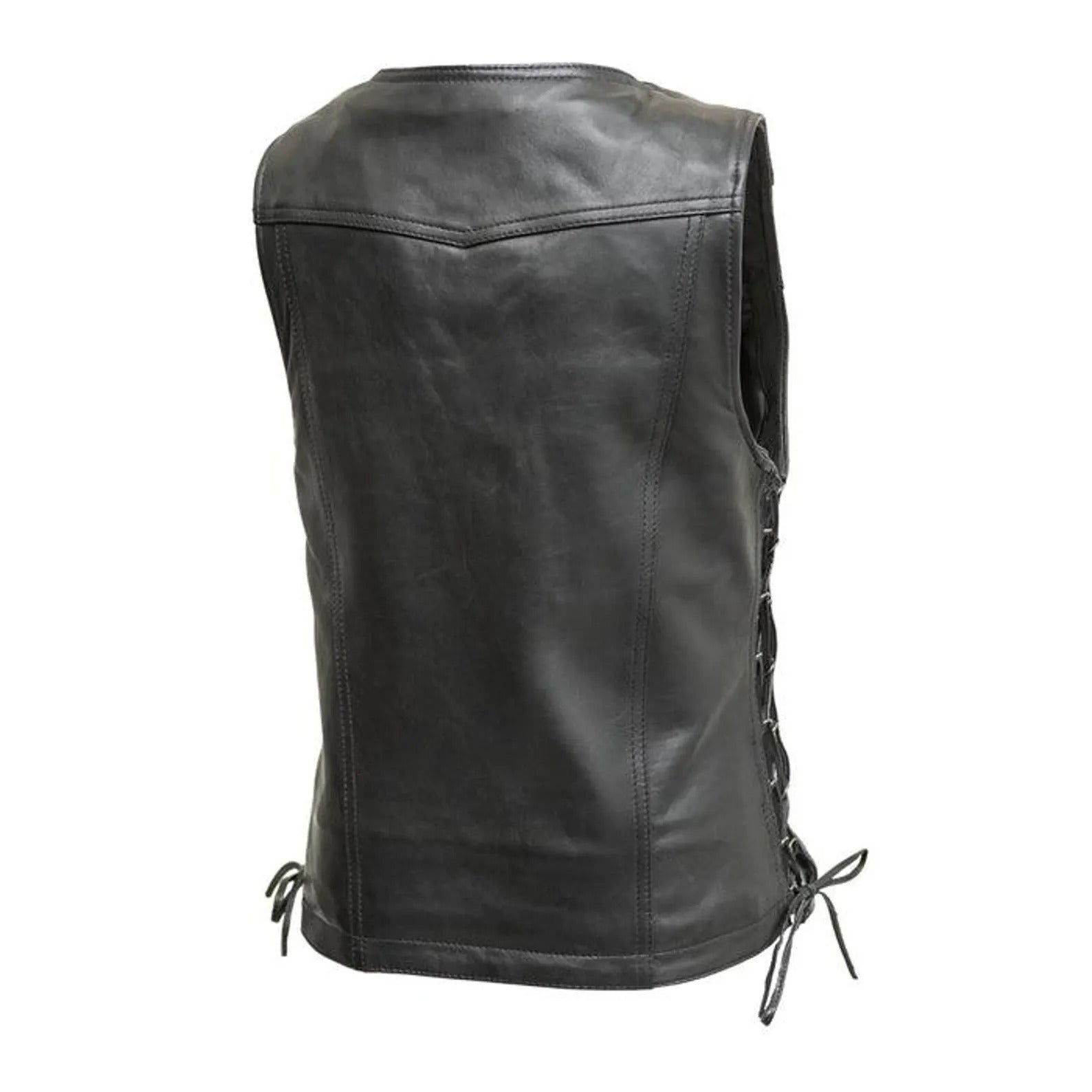 Black leather vest with lace-up sides on a white background