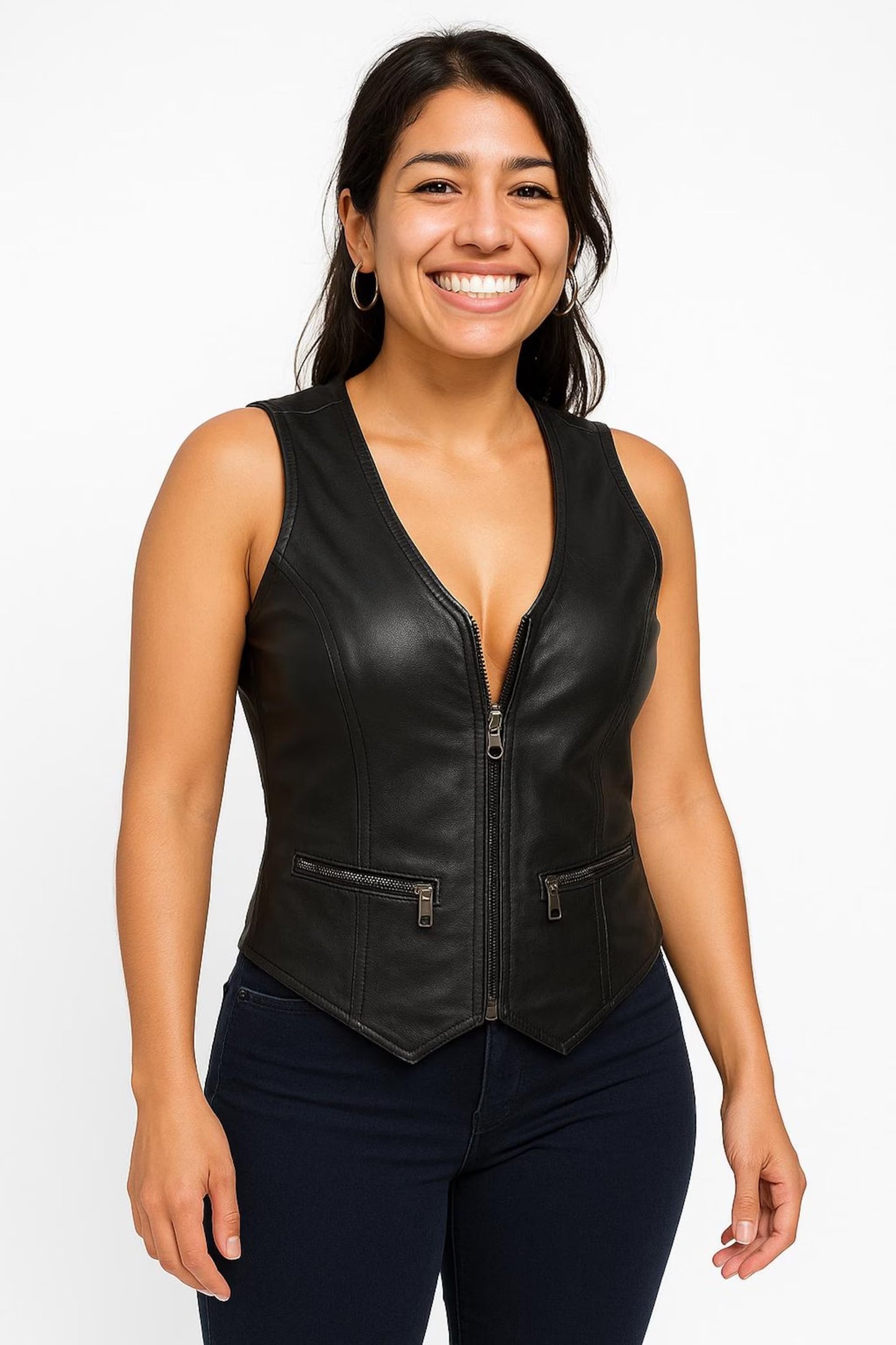 women genuine leather zipper closure fitted vest