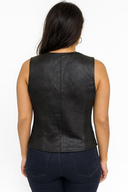 women genuine leather zipper closure fitted vest
