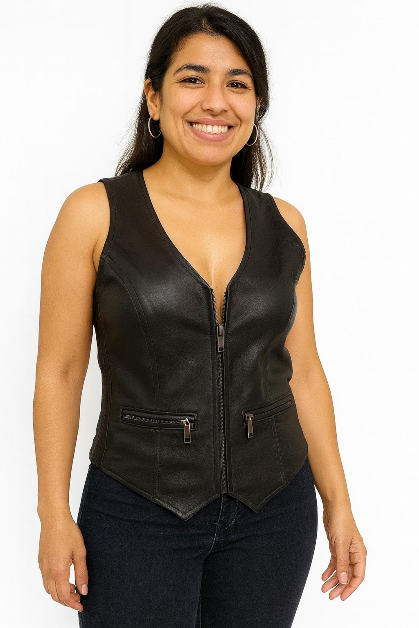 women genuine leather zipper closure fitted vest
