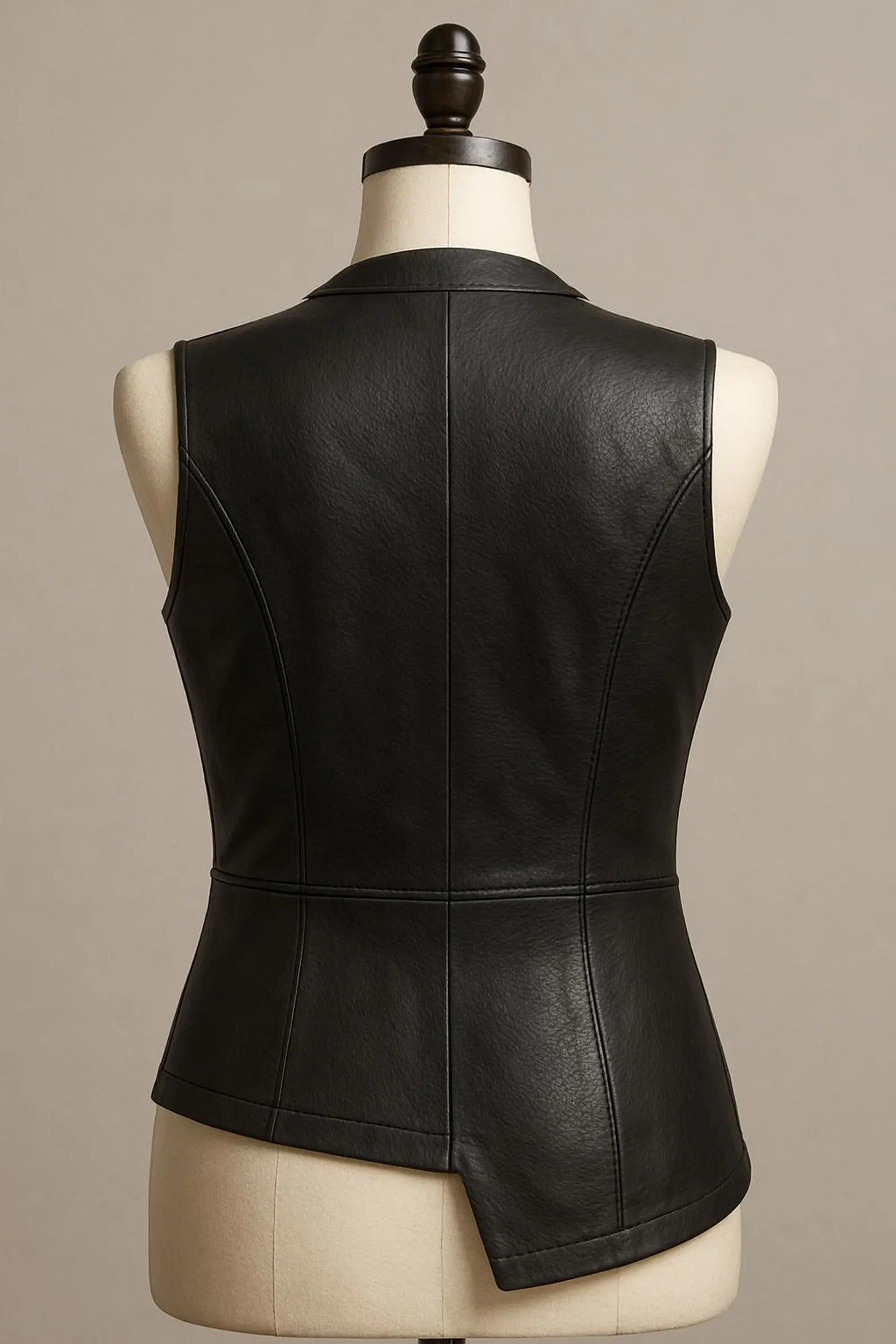 Black leather vest on a mannequin against a neutral background