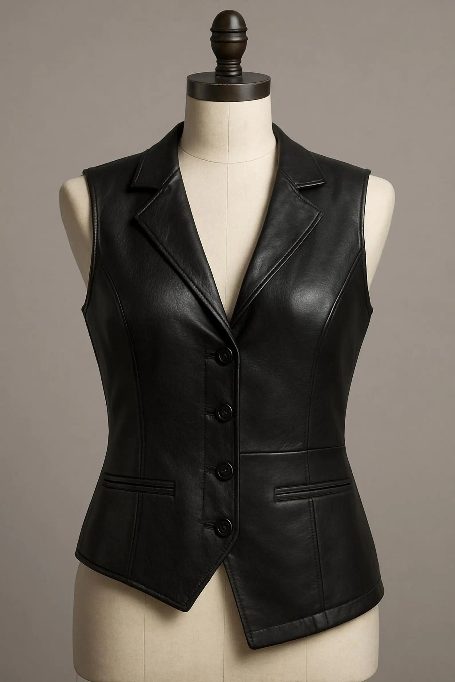 Black leather vest on a mannequin against a neutral background