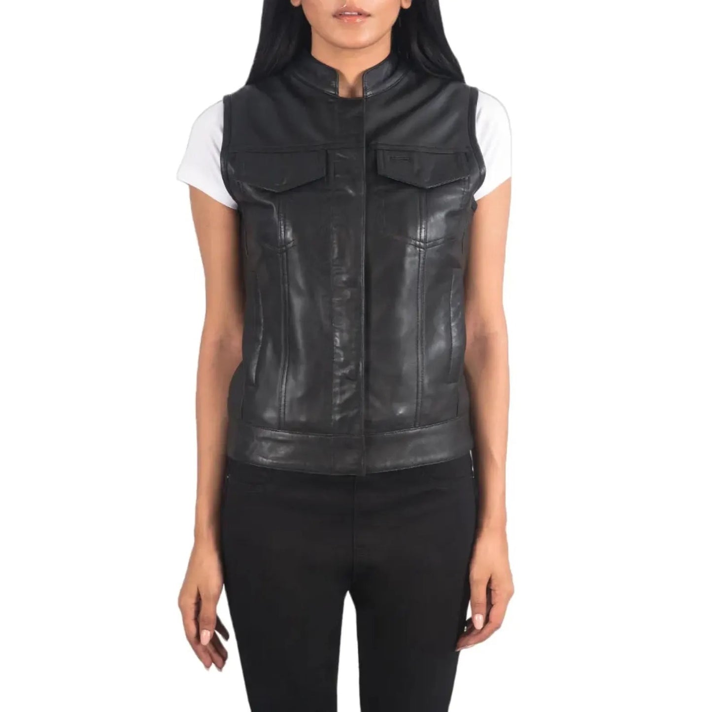 Black leather vest worn by a person on a white background