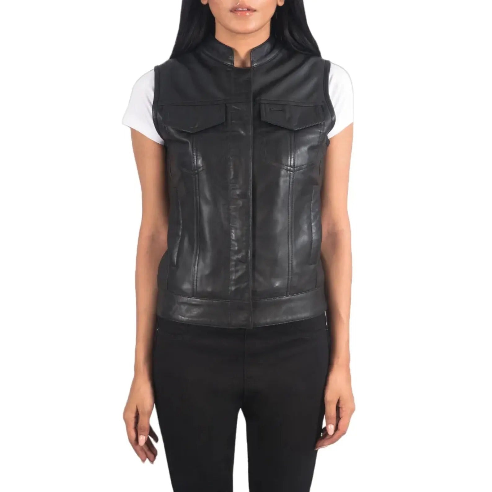 Black leather vest worn by a person on a white background