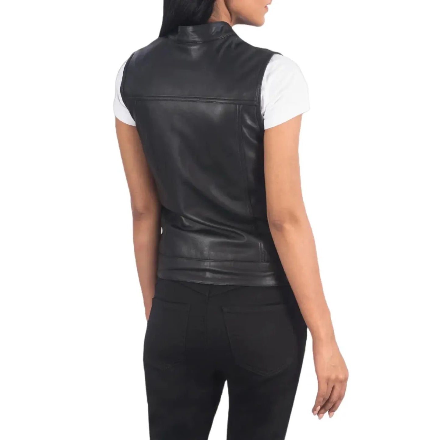 Black leather vest worn by a person on a white background