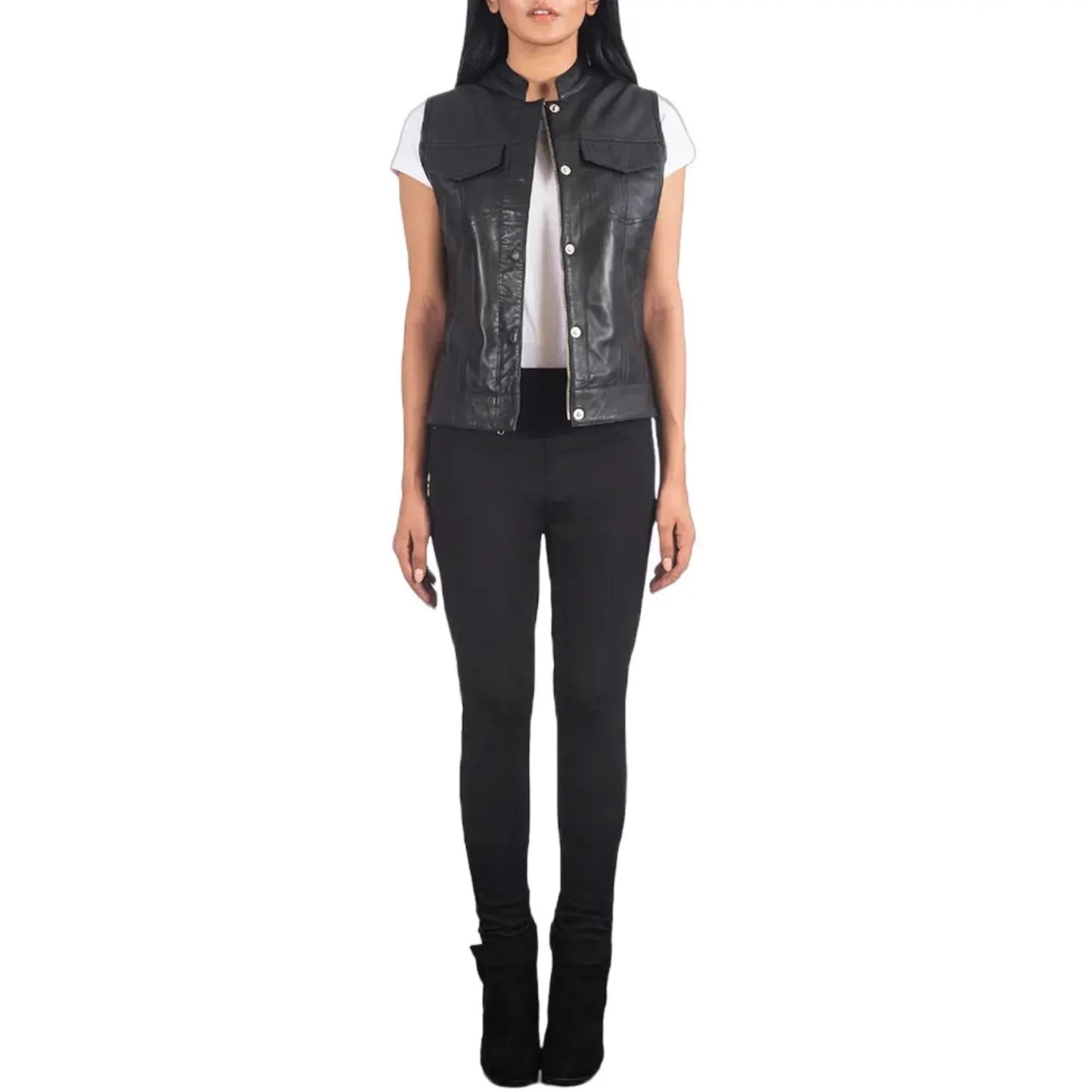 Person wearing a black leather vest over a white shirt on a white background