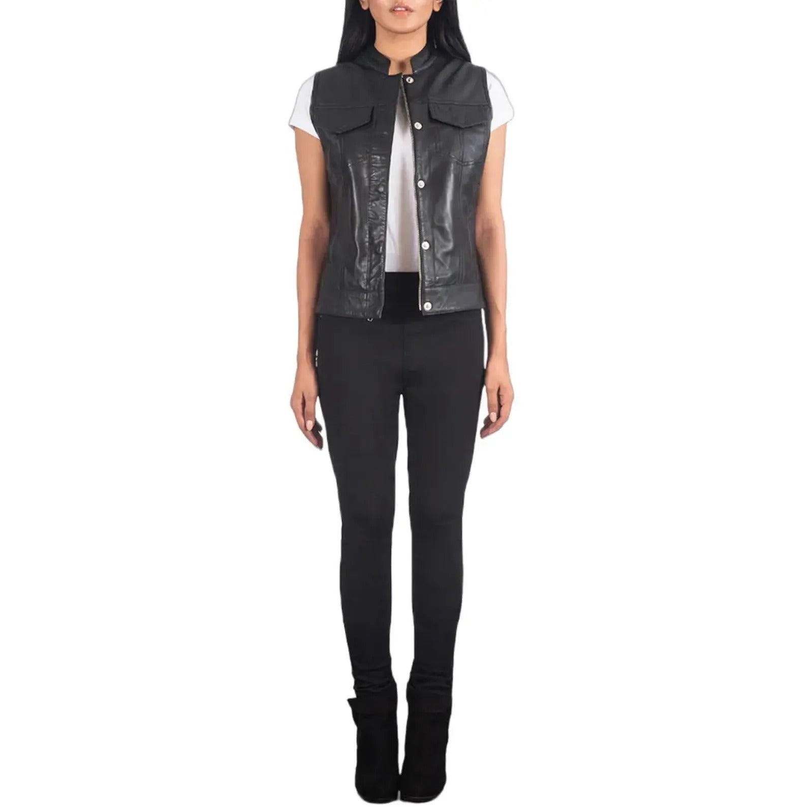 Person wearing a black leather vest over a white shirt on a white background