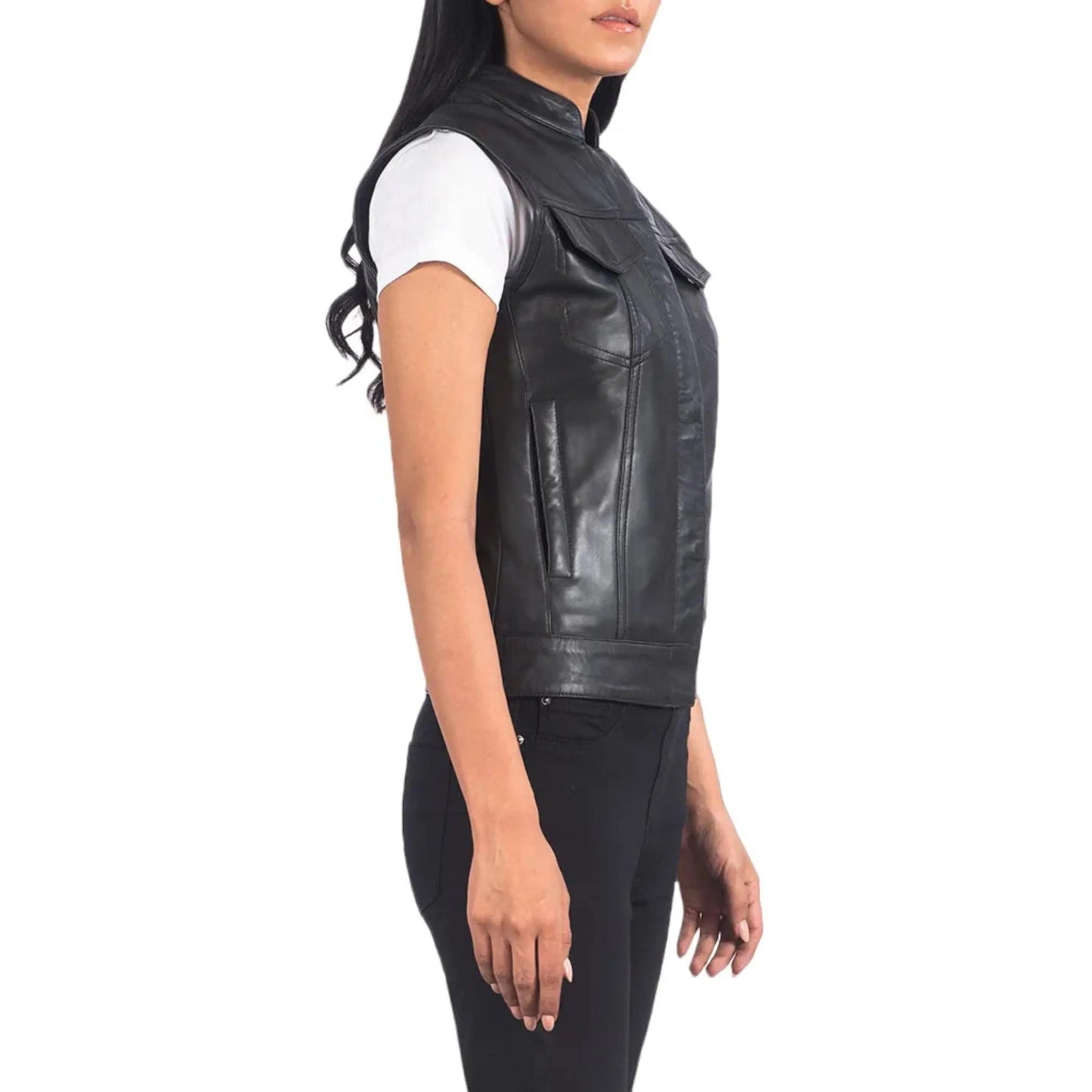 Black leather vest worn by a person on a white background